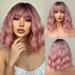 RightOn Short Ombre Pink Wig Black to Pink Wig Short Curly Wavy Pink Wig with Bangs Pink Bob Wigs Heat Resistant Synthetic Wigs