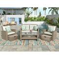 Patio Furniture Set 4 Piece Outdoor Conversation Set All Weather Wicker Sectional Sofa with Ottoman and Cushions Beige