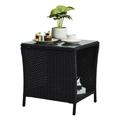 Seizeen Outdoor Rattan Coffee Table - 18 Compact Size Patio Side Table with Glass Top and Storage Patio Furniture Small End Table for Garden Porch Black