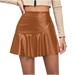 A Line Mini Skirts Womenss Faux Leather Layered Ruffle Pleated Tennis Skirts Golf High Waist Short Skirts (Large Khaki)