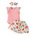 Wassery Baby Girl Clothes Suits Solid Color Crew Neck Lace Fly Sleeve Romper Leopard/Donut Print Ruffles Skirts Headband 3Pcs Set