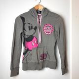 Disney Tops | Disney Parks Gray/Pink Zip Distressed Hoodie Mickey Mouse Jacket Women’s Large | Color: Gray/Pink | Size: Xs