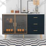 Sideboard MDF Buffet Cabinet Marble Sticker Tabletop and Amber-yellow Tempered Glass Doors
