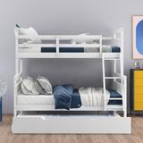 Twin Over Full Bunk Bed with Twin Size Trundle, Solid Wood Bunkbed Frame with Ladder & Safety Guardrails for Kids Teens Beedroom