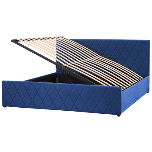 Bett Marineblau Samtstoff mit Lattenrost 180 x 200 cm Kopfteil Bettkasten Hochklappbar Modern Glam Doppelbett Schlafzimmer Möbel Ausstattung
