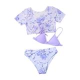 Girls Swimsuits Rash Guard Set Summer 3 Piece Purple Floral Print Bikini Set Baby Bathing Suit Size 7-8 Years