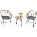 Salon de Jardin en Rotin 2 Fauteuil + 1 Table Basse (Plateau en Verre), Coussins Amovibles,Style