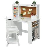 Kids Study Desk and Chair Set Wooden Learning Table Chair Set for Kids 3 - 8 Bulletin Board and Cabinets with Bookshelf