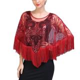 Flapper Fringe Sequin Embroidered Beaded Poncho Wrap Evening Wrap Shawl Cover Up