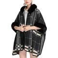 PIKADINGNIS Women s Faux Fur Trim Hood Poncho Faux Rabbit Fur Cape Wrap Shawl Coat Cardigan