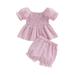 Bagilaanoe 2pcs Toddler Baby Girl Short Pants Set Stripe Short Puff Sleeve A-Line Dress Tops + Shorts 6M 9M 12M 18M 24M 3T Kids Casual Summer Outfits