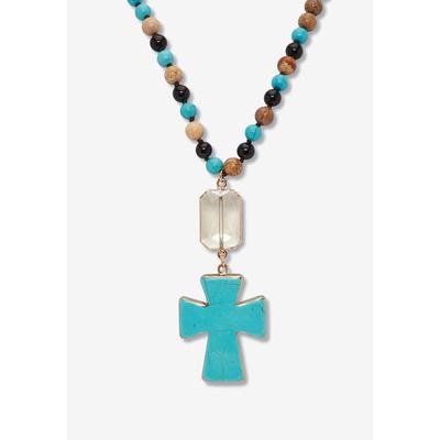 Women's Genuine Turquoise Jasper And Multicolor Agate Beaded Cross Necklace 40 Inch by PalmBeach Jewelry in Turquoise Brown Blue