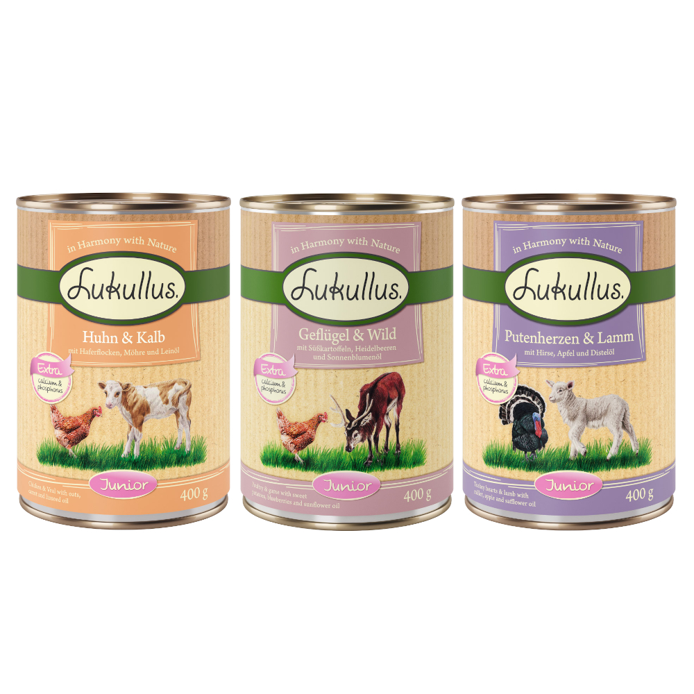 Lukullus 24 x 400 g Alimento umido per cani - Mix Junior: 3 gusti