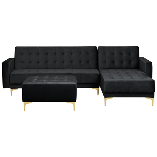 Ecksofa mit Ottomane Schwarz Samtstoff 4-Sitzer L-Förmig Linksseitig Schlaffunktion Modern Glamourös Wohnzimmer Ausstattung Möbel