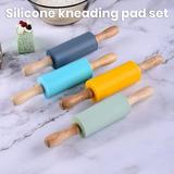 1 Set Rolling Pin Reusable Food Grade Non-stick Wooden Handle Scale Mark Design Multipurpose No Odor Silicone Kneading Pad with Rolling Pin Set Kitchen Supplies