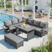 5-pieces Outdoor Patio Rattan L-Shaped Sectional Sofa Set with 2 Extendable Side Tables, Dining Table and Washable Covers
