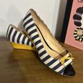 Kate Spade Shoes | Kate Spade New York Navy Blue & White Striped Canvas Peep-Toe Wedges | Color: Blue/White | Size: 9.5