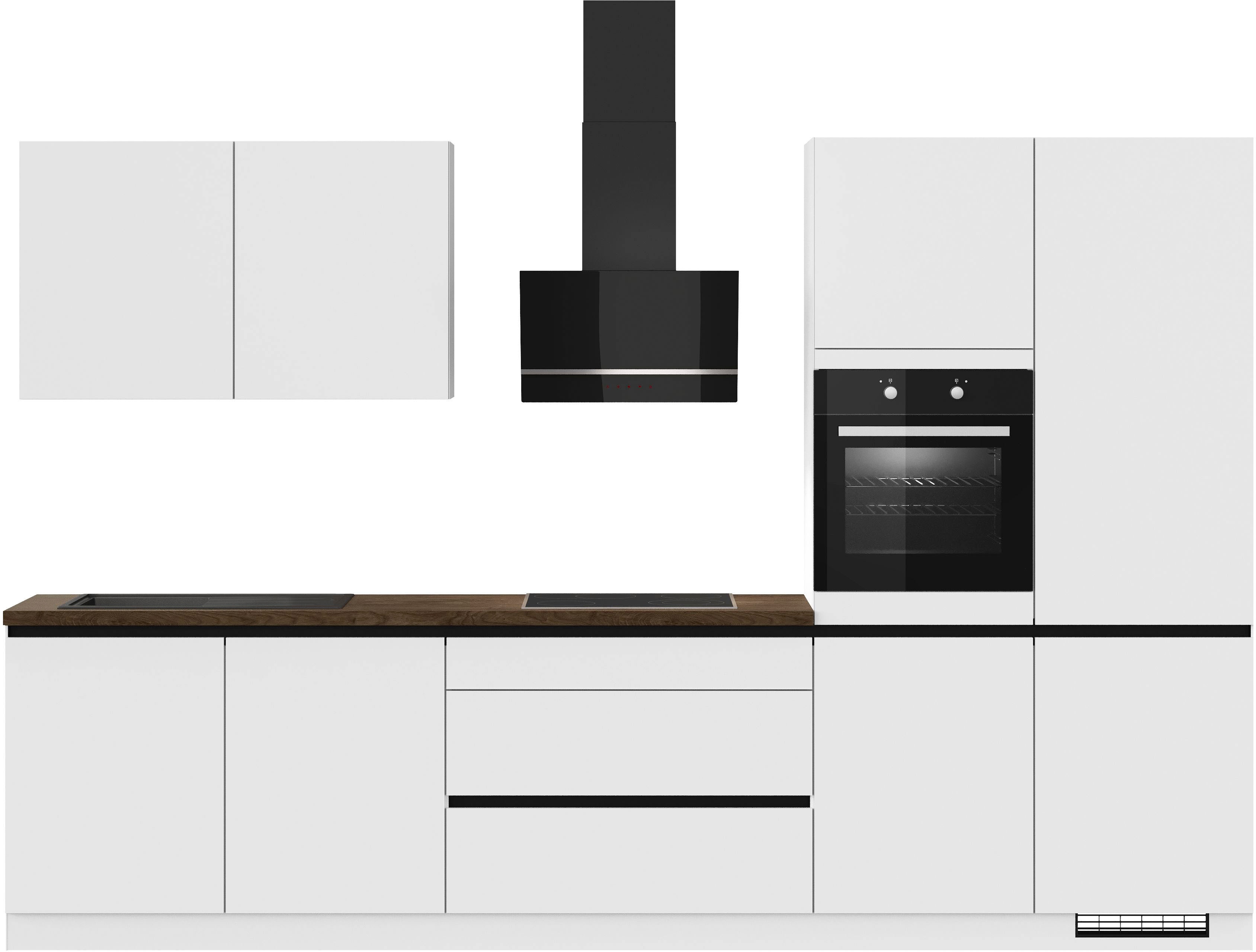 Küche IMPULS KÜCHEN ""Dublin", Ausrichtung wählbar, Schubkästen mit Soft-Close", küche: weiß, korpus: weiß, arbeitsplatte: oregon eiche, nachbildung, B:340cm H:222cm T:60cm, Komplettküchen-Sets, Küchenzeile, vormontiert, wahlweise mit E-Geräten, mit...