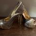 Nine West Shoes | Nine West Gold Glitter & Charcoal Brocade Fabric Open Toe Stilettos ~ Size 7.5 | Color: Gold | Size: 7.5