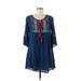 Coline Casual Dress - A-Line Tie Neck 3/4 sleeves: Blue Print Dresses - Women's Size Small