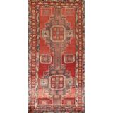 Red Geometric Ardebil Persian Vintage Runner Rug Handmade Wool Carpet - 4'4"x 10'1"