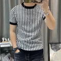 New Houndstooth Men Short Sleeve Sweater T-shirt O-neck Knitted Top Tees Streetwear High Quality