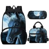 Pzuqiu Moon Horse School Bag with Lunch Bag for Girls Pink Backpack Set 3 in 1. Kids Bookbag Elementary Student Back Pack +Tote Insulated Lunchbox + School Supplies Pencil Case