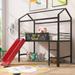 Twin Size Loft Bed with 2-Sided Writable Wooden Board, Cabin-Style Metal House Bedframe with Slide for Imaginative Kids Bedrooms