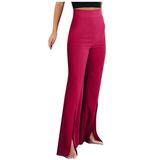 Bell Bottom High Waisted Pants for Women Trendy Casual Pull-on Open Split Bootcut Stretch Yoga Dressy Trousers (Medium Hot Pink)