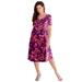 Plus Size Women's Ultrasmooth® Fabric V-Neck Swing Dress by Roaman's in Berry Flower Vine (Size 38/40) Stretch Jersey Short Sleeve V-Neck