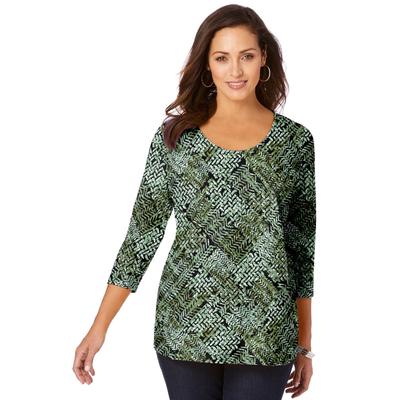 Plus Size Women's Stretch Cotton Scoop Neck Tee by Jessica London in Olive Drab Tribal Animal (Size 14/16) 3/4 Sleeve Shirt