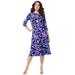 Plus Size Women's Ultrasmooth® Fabric Boatneck Swing Dress by Roaman's in Navy Textured Leaves (Size 30/32)