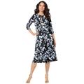 Plus Size Women's Ultrasmooth® Fabric Boatneck Swing Dress by Roaman's in Grey Flower Vine (Size 14/16) Stretch Jersey 3/4 Sleeve Dress