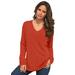 Plus Size Women's Fine Gauge Drop Needle V-Neck Sweater by Roaman's in Copper Red (Size 4X)