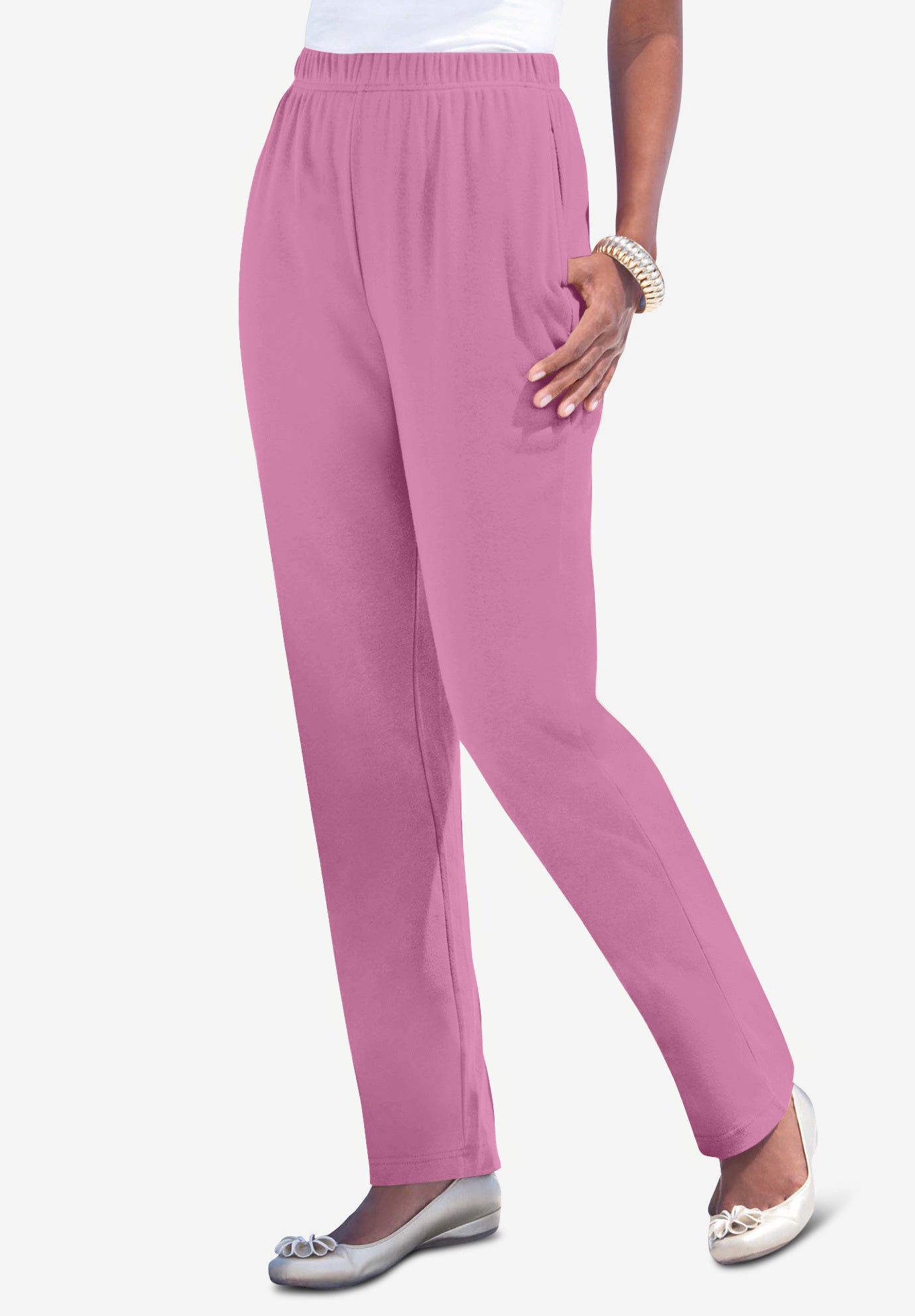 Plus Size Women's Plus Size Straight Leg Soft Knit Pull On Pant by Roaman's in Mauve Orchid (Size 1X) Pull On Elastic Waist