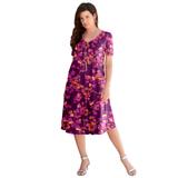 Plus Size Women's Ultrasmooth® Fabric V-Neck Swing Dress by Roaman's in Berry Flower Vine (Size 14/16) Stretch Jersey Short Sleeve V-Neck