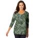 Plus Size Women's Stretch Cotton Scoop Neck Tee by Jessica London in Olive Drab Tribal Animal (Size 12) 3/4 Sleeve Shirt