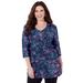 Plus Size Women's Easy Fit 3/4 Sleeve V-Neck Tee by Catherines in Navy Painterly Floral (Size 4X)