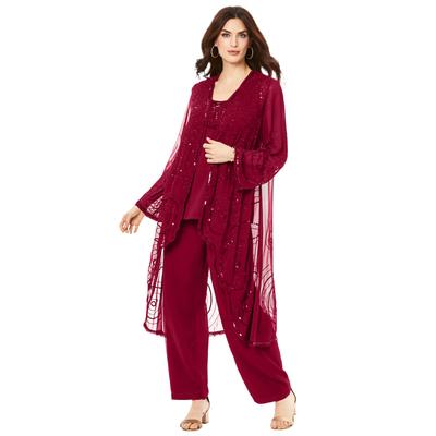 Plus Size Women's Three-Piece Beaded Pant Suit by Roaman's in Rich Burgundy (Size 44 W) Sheer Jacket Formal Evening Wear