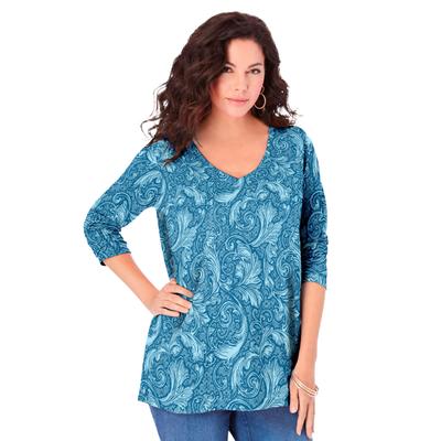 Plus Size Women's Ultimate Long Sleeve V Neck Tee by Roaman's in Peacock Etched Filigree (Size 12) Shirt