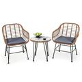 Vicamelia 3PCS Patio Rattan Bistro Set Coffee Table with Armchair for Garden Patio Poolside Gray Cushion