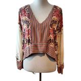 Free People Tops | Free People Womens Cream Mix & Match Floral V-Neck Cropped Blouse Top Xs | Color: Cream/Orange | Size: Xs