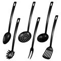 6 Pcs Large Black Stainless Steel Cooking Utensils Set Heat Resistant Kitchen Utensils Set Includes Colander, BBQ Fork, Pasta Scoop, Soup Spoon, Pointed Spoon, Spoon, Metal Kitchen Tool