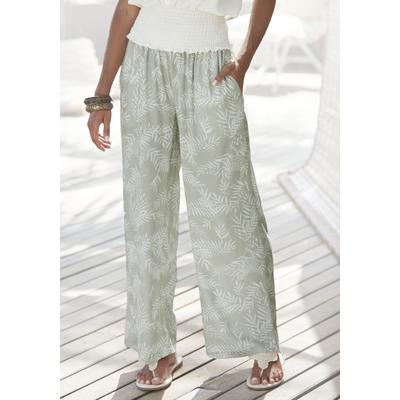 Palazzohose LASCANA, Damen, Gr. 38, N-Gr, grün (schilfgrün, creme bedruckt), Cru00eape, Obermaterial: 100% Viskose, bedruckt, modisch, figurumspielend lang, Hosen, aus gekreppter Viskose mit elastischem Smokbündchen, Stoffhose, Topseller Image