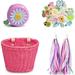 Kids Bicycle Basket Streamers Set Front Bike Accessories Small Woven Wicker Cruisers Scooter Bicycle Basket with Handlebar Streamers Bell Ribbons Tassels Decoration for Boys Girls Aosijia