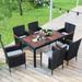 7-Piece Outdoor Patio Dining Set, Garden Pe Rattan Wicker Dining Table and Chairs Set, Acacia Wood Tabletop,