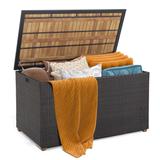 Gymax 134 Gallon Patio Wicker Storage Deck Box w/ Solid Acacia Wood