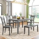 6-piece Solid Wood Kitchen Table Set, 54" Farmhouse Rustic Style Dining Table with 4 Cross Back Chairs & Multifunctional Bench