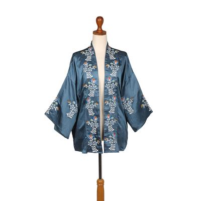 Azure Autumn,'Floral Cotton-Embroidered Azure Viscose Kimono Jacket'