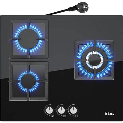 Iseasy - Gaskochfeld 3 Flammig 3 Zonen Glas Gaskochfeld, 3300W/2700W/1750W, 60cm, Image